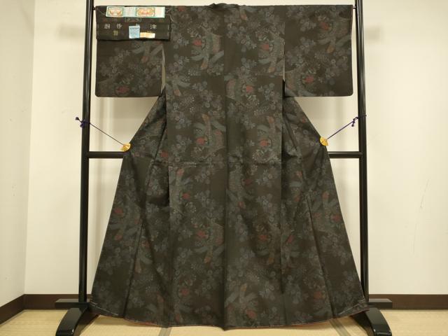 平和屋着物●本場大島紬　古代染色純泥染　9マルキ　几帳花文　翔鶴謹製　証紙付き　正絹　逸品　DABE9648du