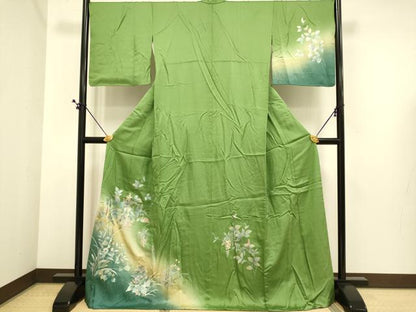 平和屋着物●訪問着　草花文　暈し染め　金銀彩　ロング丈　正絹　逸品　DABE9654du