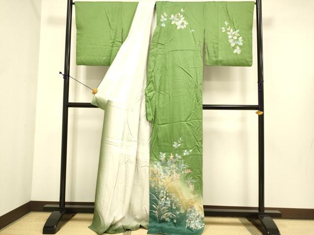 平和屋着物●訪問着　草花文　暈し染め　金銀彩　ロング丈　正絹　逸品　DABE9654du