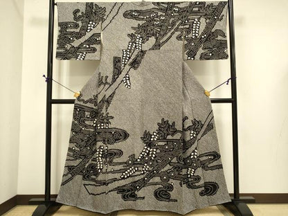 平和屋着物●訪問着　総絞り　流水花文　黒地　正絹　逸品　DABE9662du