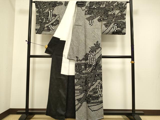 平和屋着物●訪問着　総絞り　流水花文　黒地　正絹　逸品　DABE9662du