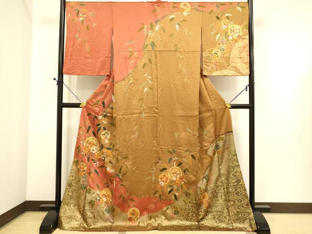 平和屋着物●訪問着　作家物　駒刺繍　飛鶴花蝶文　金彩　ロング丈　正絹　逸品　DABE9664du