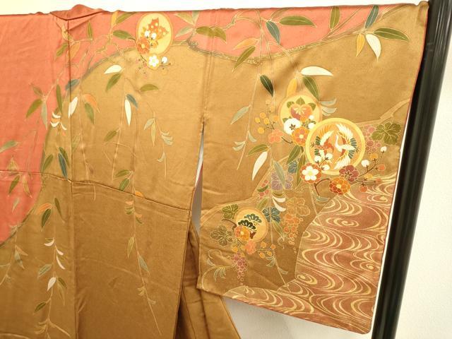 平和屋着物●訪問着　作家物　駒刺繍　飛鶴花蝶文　金彩　ロング丈　正絹　逸品　DABE9664du