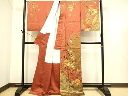 平和屋着物●訪問着　作家物　駒刺繍　飛鶴花蝶文　金彩　ロング丈　正絹　逸品　DABE9664du