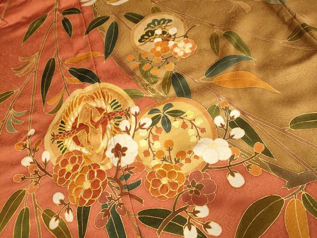 平和屋着物●訪問着　作家物　駒刺繍　飛鶴花蝶文　金彩　ロング丈　正絹　逸品　DABE9664du