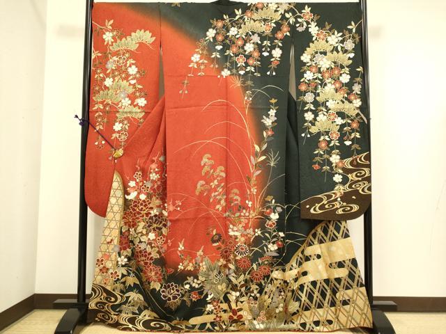 平和屋着物●豪華振袖　駒刺繍　草花文　暈し染め　金彩　正絹　逸品　DABE9672du