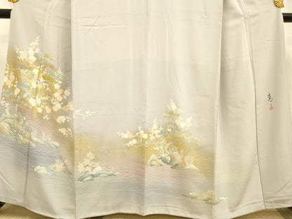 平和屋着物●京友禅の第一人者　松井青々　色留袖　駒刺繍　枝梅文　暈し染め　金彩　正絹　逸品　DABE9674du