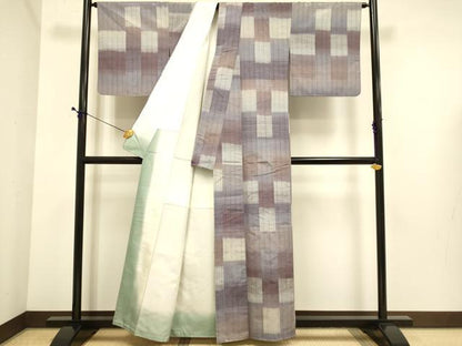平和屋着物●上質な紬　花織　格子柄　正絹　逸品　DABE9678du