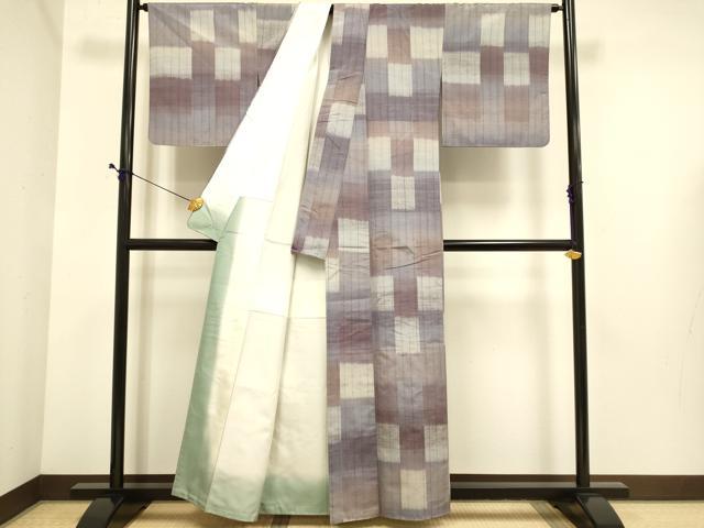 平和屋着物●上質な紬　花織　格子柄　正絹　逸品　DABE9678du