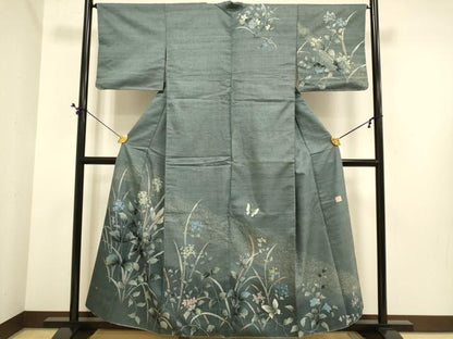 平和屋着物●安藤松岳　訪問着　紬地　花蝶文　金彩　正絹　逸品　DABE9683du
