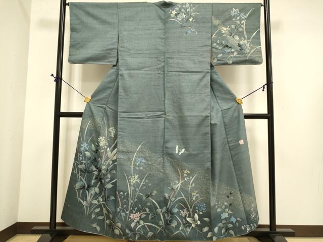 平和屋着物●安藤松岳　訪問着　紬地　花蝶文　金彩　正絹　逸品　DABE9683du