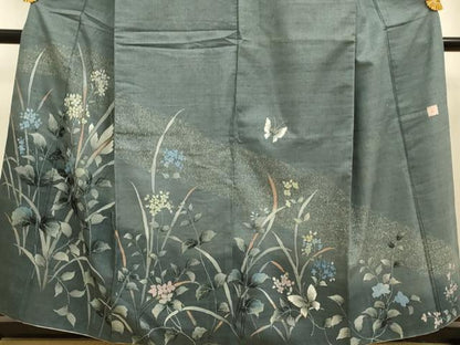 平和屋着物●安藤松岳　訪問着　紬地　花蝶文　金彩　正絹　逸品　DABE9683du
