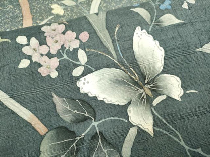 平和屋着物●安藤松岳　訪問着　紬地　花蝶文　金彩　正絹　逸品　DABE9683du