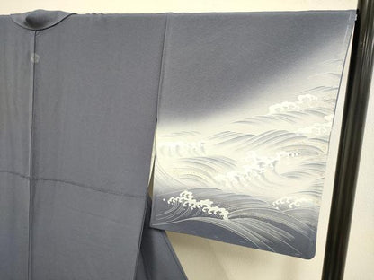 平和屋着物●絵師　津守順　訪問着　駒刺繍　立波文　暈し染め　金彩　正絹　逸品　DABE9687du