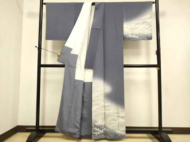 平和屋着物●絵師　津守順　訪問着　駒刺繍　立波文　暈し染め　金彩　正絹　逸品　DABE9687du
