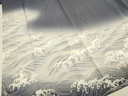 平和屋着物●絵師　津守順　訪問着　駒刺繍　立波文　暈し染め　金彩　正絹　逸品　DABE9687du