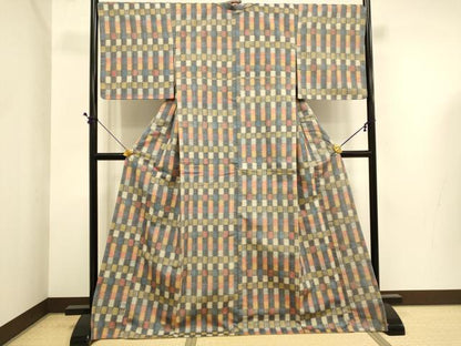 平和屋着物●上質な紬　格子柄　正絹　逸品　未使用　DABE9696du