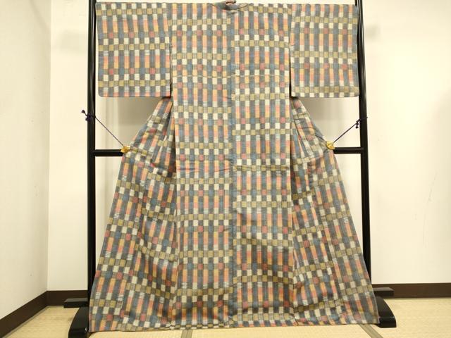 平和屋着物●上質な紬　格子柄　正絹　逸品　未使用　DABE9696du