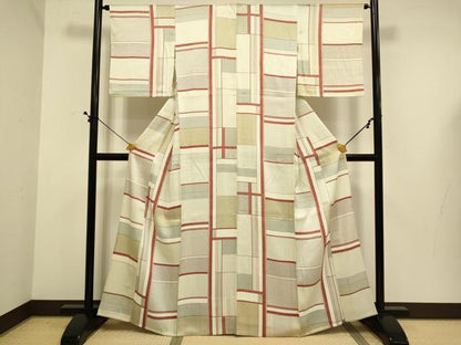 平和屋着物▽上質な小紋　単衣　格子柄　正絹　逸品　DABE9749du