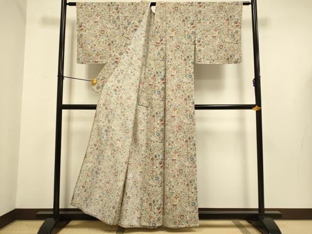 平和屋着物▽小紋　単衣　更紗花文　洗える着物　未使用　DABE9764du
