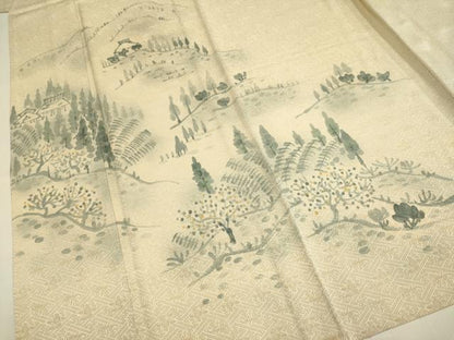 平和屋着物▽訪問着　単衣　手描き　風景文　正絹　逸品　DABE9766du