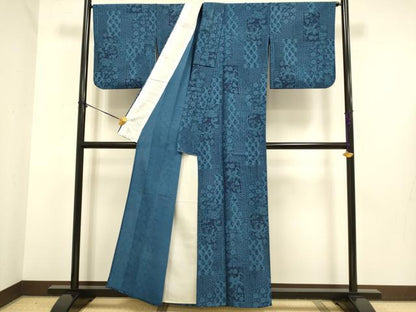 平和屋着物▽小紋　単衣　藍　型染　花蝶文　洗える着物　DABE9770du