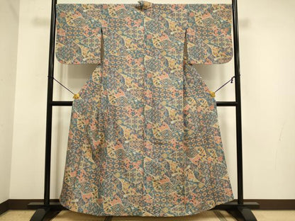 平和屋着物▽小紋　単衣　切嵌吉祥花文　洗える着物　DABE9773du