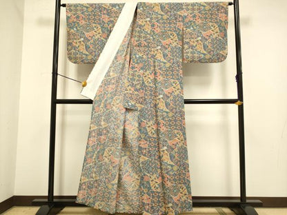 平和屋着物▽小紋　単衣　切嵌吉祥花文　洗える着物　DABE9773du