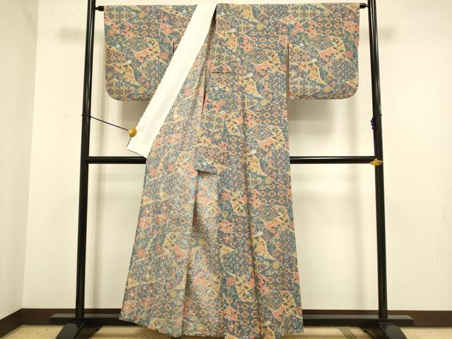 平和屋着物▽小紋　単衣　切嵌吉祥花文　洗える着物　DABE9773du