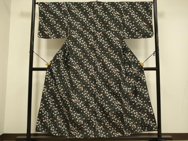 平和屋着物▽小紋　単衣　舞桜文　黒地　洗える着物　DABE9783du