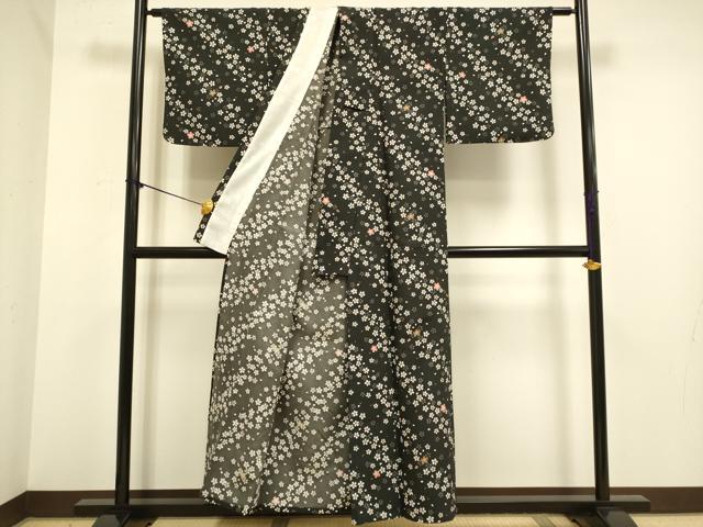 平和屋着物▽小紋　単衣　舞桜文　黒地　洗える着物　DABE9783du