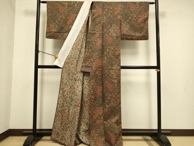 平和屋着物▽小紋　単衣　切嵌更紗花文　洗える着物　DABE9784du