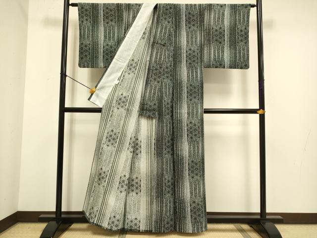平和屋着物▽小紋　単衣　麻の葉間道　洗える着物　DABE9786du