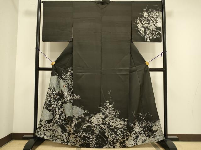 平和屋着物▽訪問着　単衣　駒刺繍　花蝶文　黒地　正絹　逸品　DABE9793du
