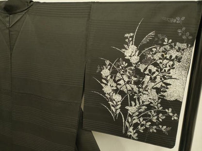 平和屋着物▽訪問着　単衣　駒刺繍　花蝶文　黒地　正絹　逸品　DABE9793du