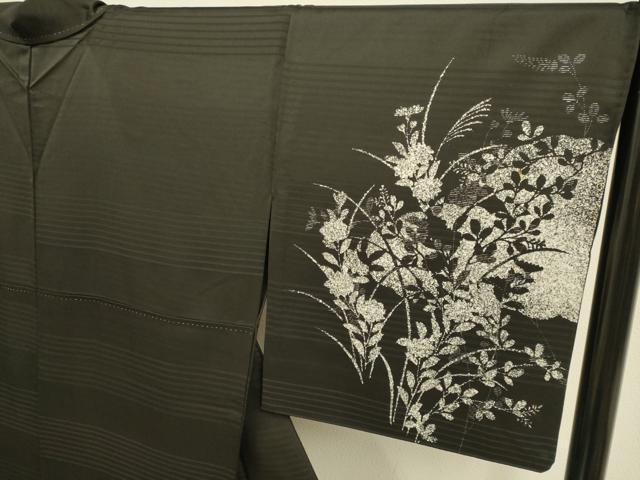 平和屋着物▽訪問着　単衣　駒刺繍　花蝶文　黒地　正絹　逸品　DABE9793du