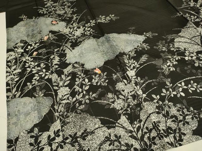 平和屋着物▽訪問着　単衣　駒刺繍　花蝶文　黒地　正絹　逸品　DABE9793du