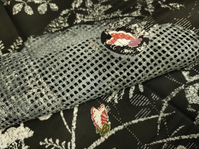 平和屋着物▽訪問着　単衣　駒刺繍　花蝶文　黒地　正絹　逸品　DABE9793du