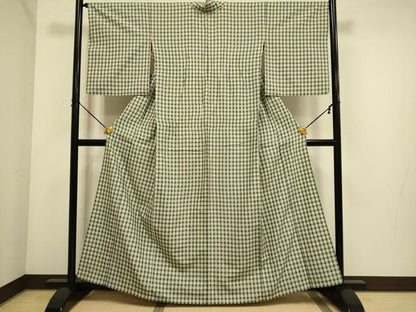 平和屋着物▽上質な紬　単衣　花織　格子柄　正絹　逸品　DABE9799du