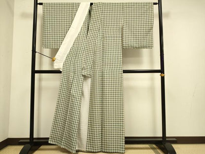 平和屋着物▽上質な紬　単衣　花織　格子柄　正絹　逸品　DABE9799du
