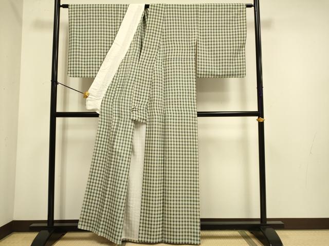 平和屋着物▽上質な紬　単衣　花織　格子柄　正絹　逸品　DABE9799du