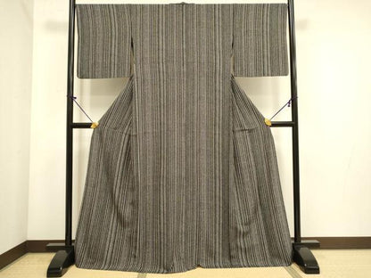 平和屋着物▽上質な小紋　単衣　縞　黒地　正絹　逸品　DABE9806du