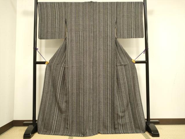 平和屋着物▽上質な小紋　単衣　縞　黒地　正絹　逸品　DABE9806du