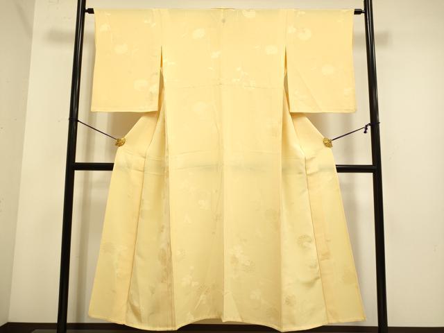 平和屋着物▽上質な色無地　単衣　菊地紋　蜂蜜色　正絹　逸品　DABE9811du