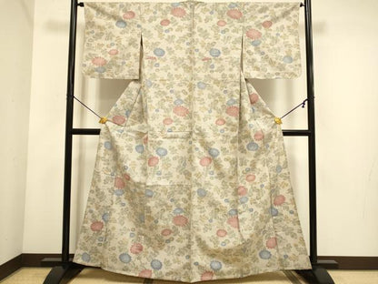 平和屋着物▽上質な紬 　単衣　菊文 　正絹　逸品　未使用　DABE9812du