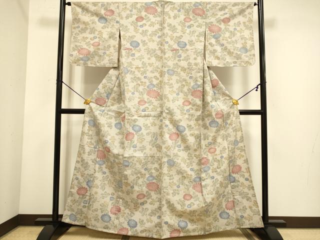 平和屋着物▽上質な紬 　単衣　菊文 　正絹　逸品　未使用　DABE9812du