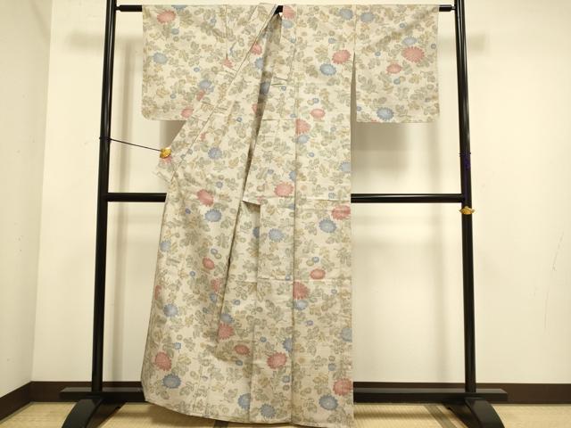 平和屋着物▽上質な紬 　単衣　菊文 　正絹　逸品　未使用　DABE9812du