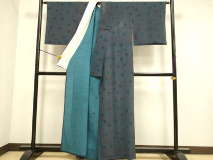 平和屋着物▽上質な小紋　単衣　草葉文　鬼しぼ縮緬　正絹　逸品　DABE9815du