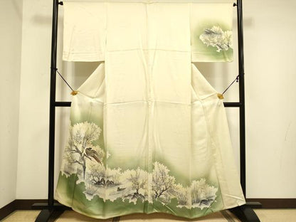 平和屋着物▽訪問着　単衣　手描き　尾長鳥鴛鴦文　暈し染め　正絹　逸品　DABE9833du