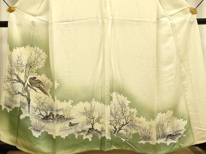 平和屋着物▽訪問着　単衣　手描き　尾長鳥鴛鴦文　暈し染め　正絹　逸品　DABE9833du